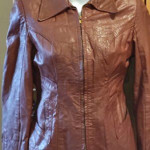 VINTAGE Genuine Leather Coat Womens Trends Inc Sz M Burgundy